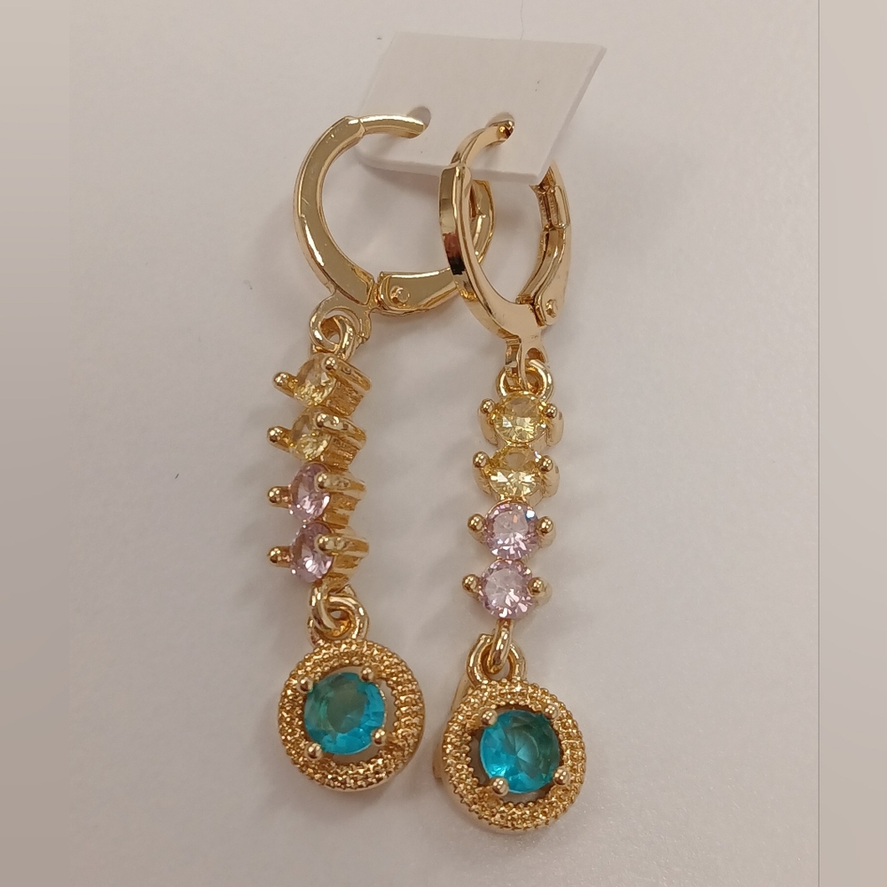 18k Yellow Gold Plated Blue CZ & Pastel Drop Earrings Never Worn Pretty Bird